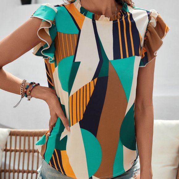 New Mock Neck Lettuce Trim Ruffle Blouse Colorblock - Picture 5 of 7